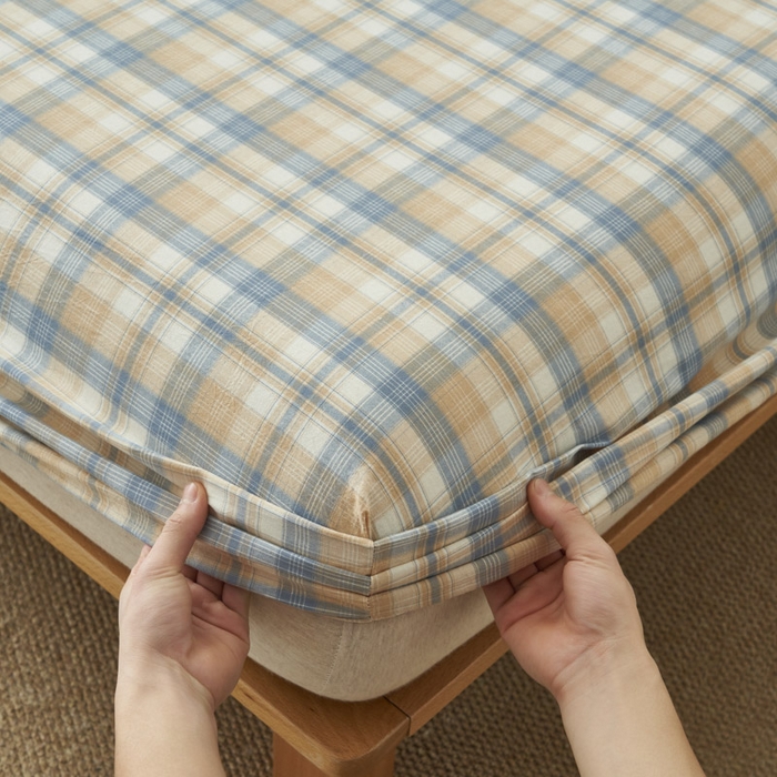 91家纺网 家纺一手货源 找家纺 早晨家纺 2025新款色织纯棉水洗棉床笠 云舒-咖