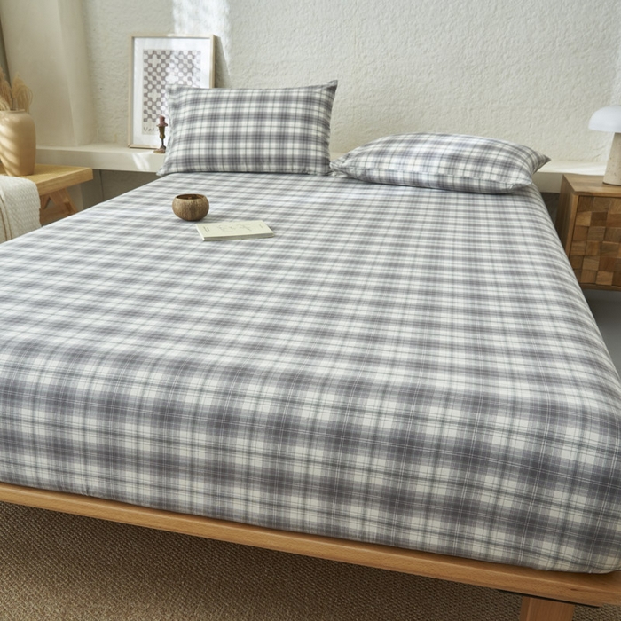 91家纺网 家纺一手货源 找家纺 早晨家纺 2025新款色织纯棉水洗棉床笠 轩尼诗-灰