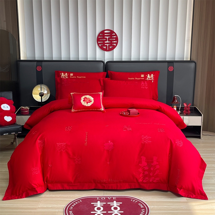 91家纺网 家纺一手货源 找家纺 张公子婚庆馆 2025新款全棉40s喷气四件套婚庆系列 喜来登-红