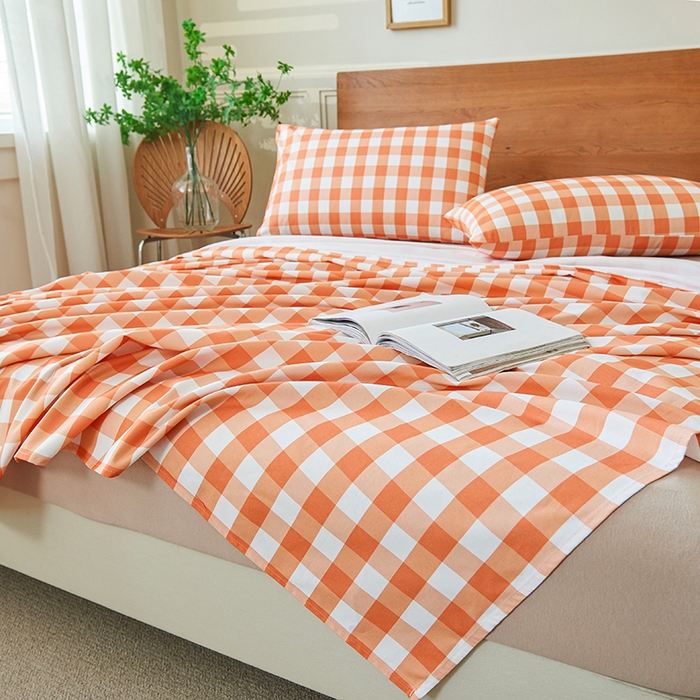 91家纺网 家纺一手货源 找家纺 义博家纺 2025新款纯棉老粗布床单 夏日橙中格