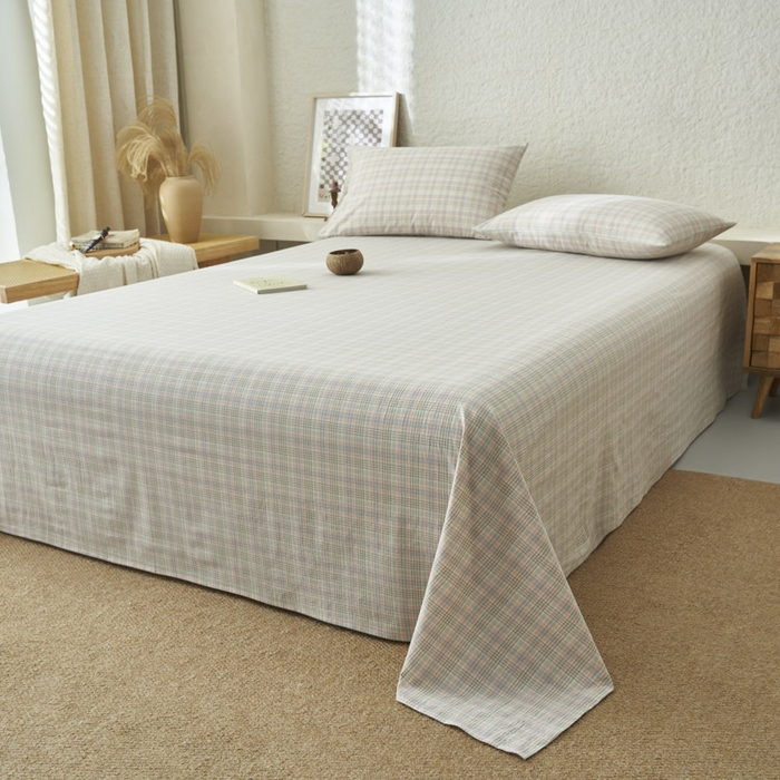 91家纺网 家纺一手货源 找家纺 早晨家纺 2025新款色织纯棉水洗棉床单 丛草集-粉