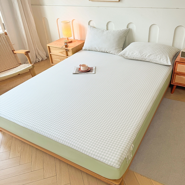 91家纺网 家纺一手货源 找家纺 笠裙家纺 2025新款进口凉感莱赛尔天丝床笠套三件套 美格绿