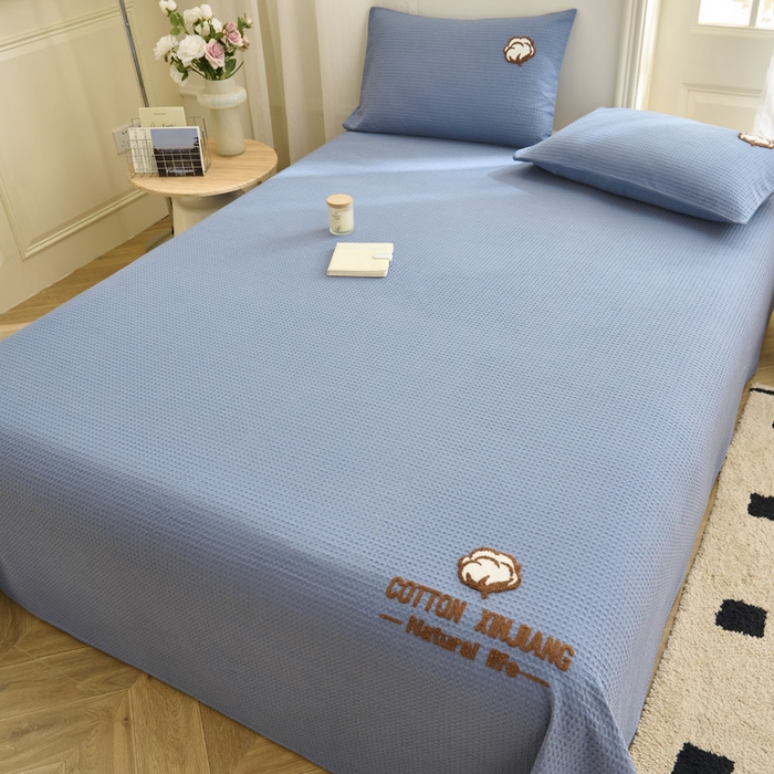 91家纺网 家纺一手货源 找家纺 早晨家纺 2025新款纯棉华夫格床单 纯棉华夫格床单-宾利蓝