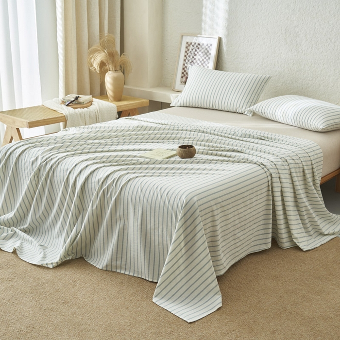 91家纺网 家纺一手货源 找家纺 早晨家纺 2025新款色织纯棉水洗棉床单 格律时尚-浅兰