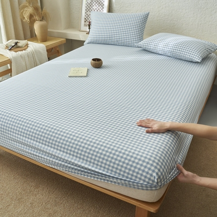 早晨家纺 2025新款色织纯棉水洗棉床笠 蓝小格