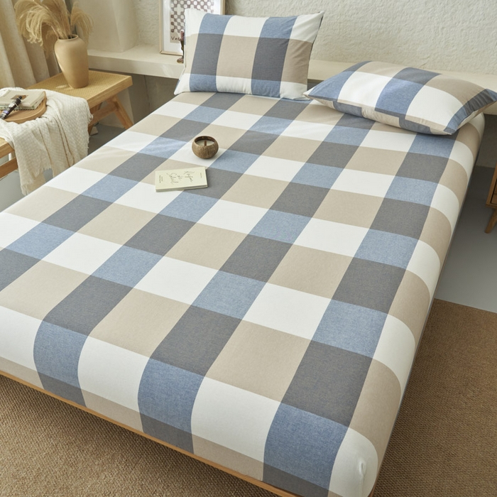 91家纺网 家纺一手货源 找家纺 早晨家纺 2025新款色织纯棉水洗棉床笠 蓝大格