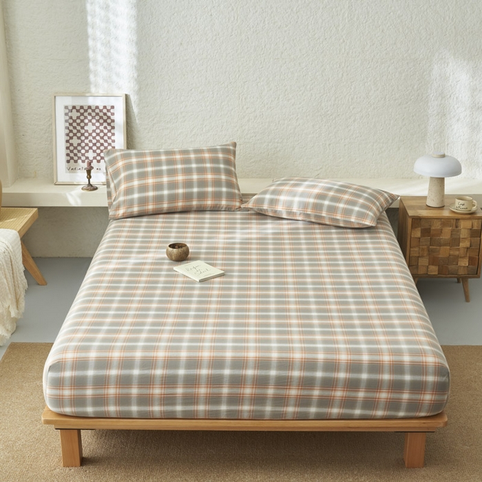 91家纺网 家纺一手货源 找家纺 早晨家纺 2025新款色织纯棉水洗棉床笠 洛卡-灰