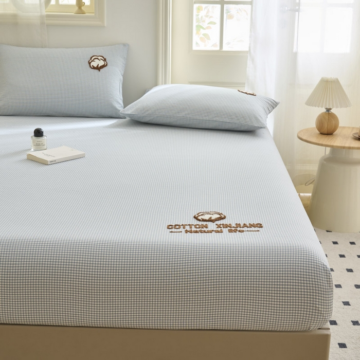 91家纺网 家纺一手货源 找家纺 早晨家纺 2025新款色织纯棉水洗棉毛巾绣床笠 星曜床笠-浅兰