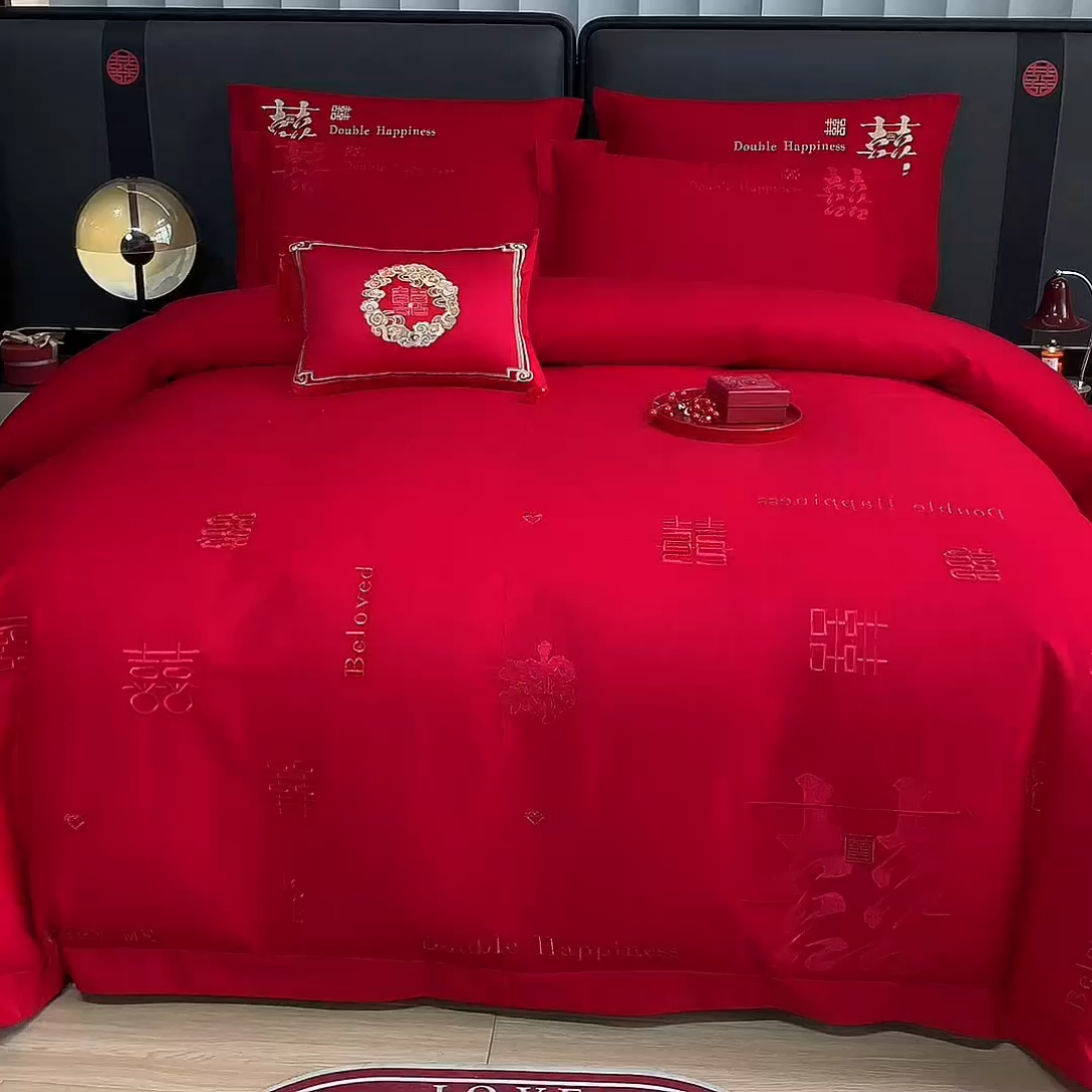 91家纺网 家纺一手货源 找家纺 张公子婚庆馆 2025新款全棉40s喷气四件套婚庆系列 喜来登-红