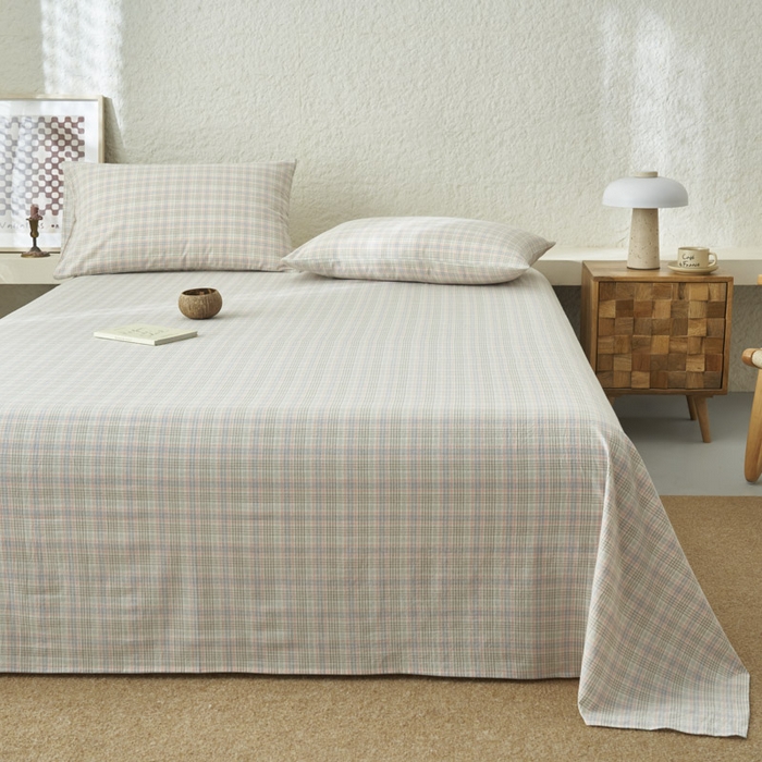 91家纺网 家纺一手货源 找家纺 早晨家纺 2025新款色织纯棉水洗棉床单 丛草集-粉