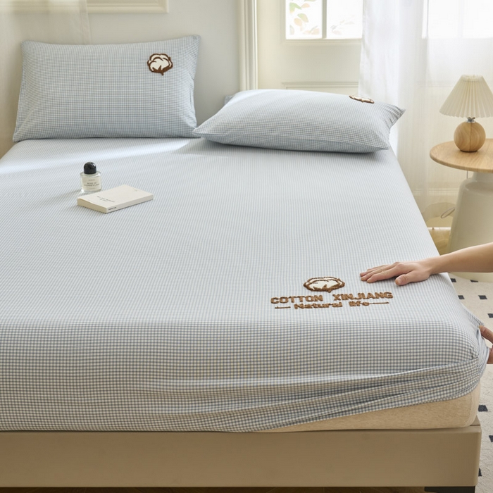 91家纺网 家纺一手货源 找家纺 早晨家纺 2025新款色织纯棉水洗棉毛巾绣床笠 星曜床笠-浅兰