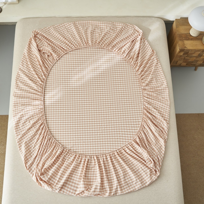 91家纺网 家纺一手货源 找家纺 早晨家纺 2025新款色织纯棉水洗棉床笠 粉小格