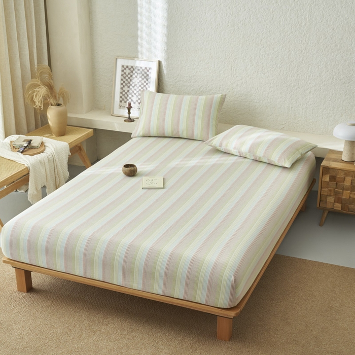 91家纺网 家纺一手货源 找家纺 早晨家纺 2025新款色织纯棉水洗棉床笠 克鲁奇-绿