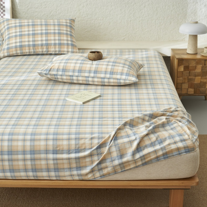 91家纺网 家纺一手货源 找家纺 早晨家纺 2025新款色织纯棉水洗棉床笠 云舒-咖