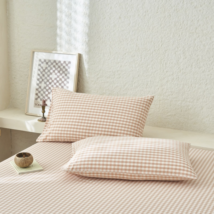 91家纺网 家纺一手货源 找家纺 早晨家纺 2025新款色织纯棉水洗棉床单 粉小格