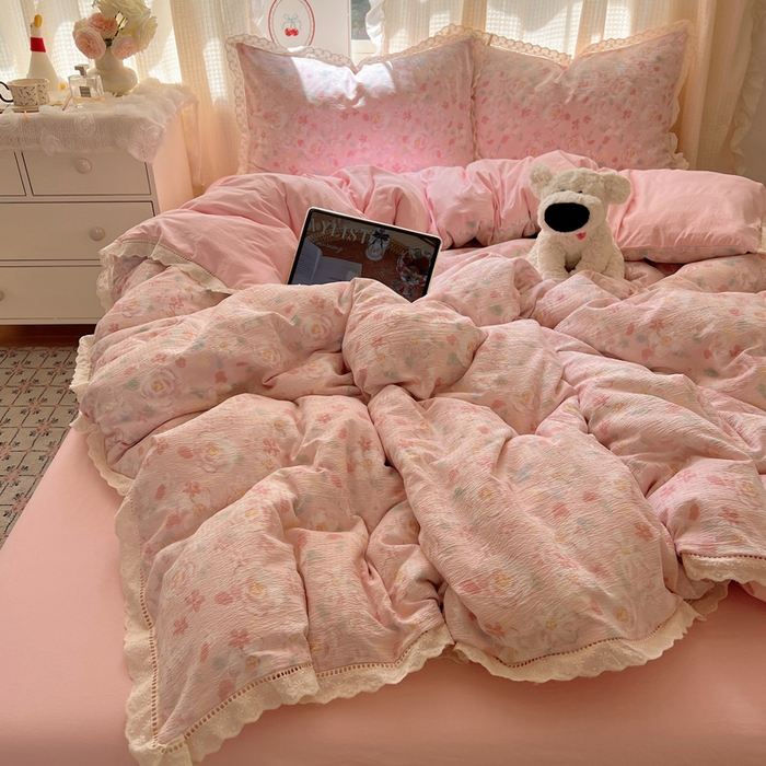 91家纺网 家纺一手货源 找家纺 顾里家纺 2025新款蕾丝花边云感皱皱纱四件套 花岛