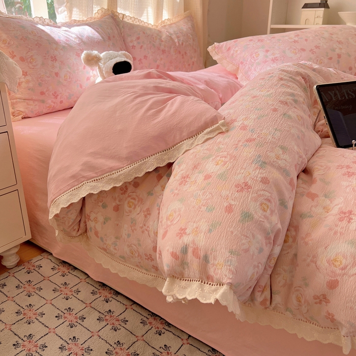 91家纺网 家纺一手货源 找家纺 顾里家纺 2025新款蕾丝花边云感皱皱纱四件套 花岛