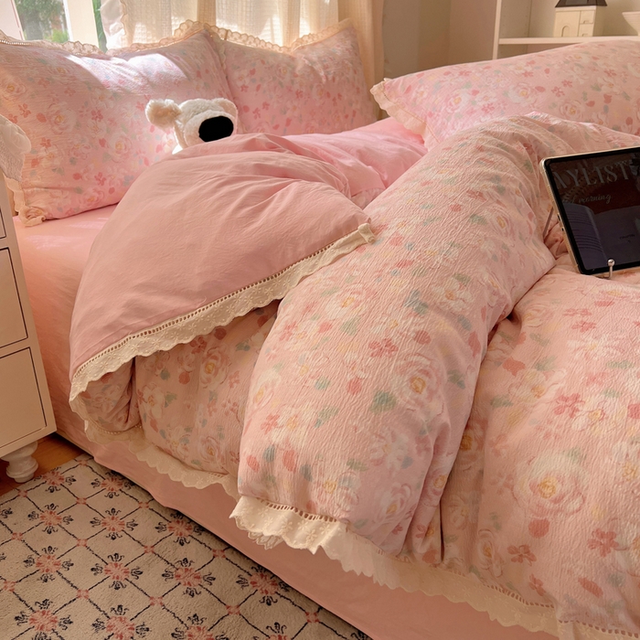 91家纺网 家纺一手货源 找家纺 顾里家纺 2025新款蕾丝花边云感皱皱纱四件套 花岛