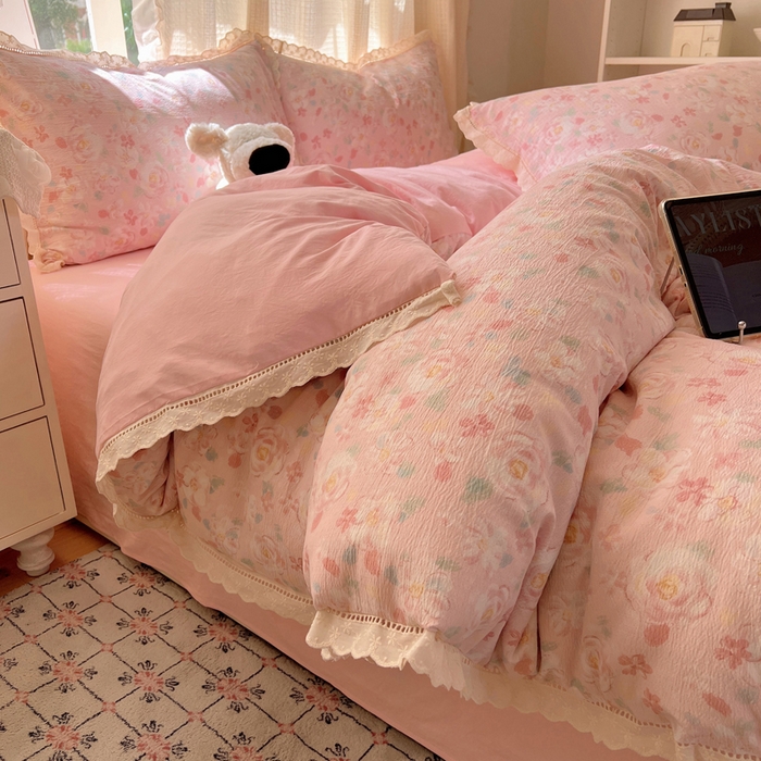 91家纺网 家纺一手货源 找家纺 顾里家纺 2025新款蕾丝花边云感皱皱纱四件套 花岛