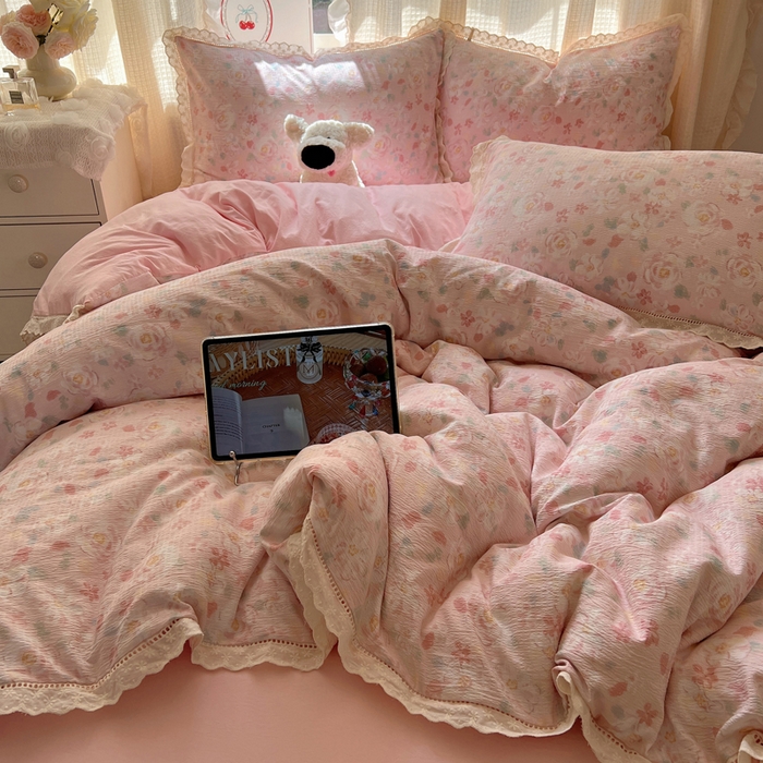 91家纺网 家纺一手货源 找家纺 顾里家纺 2025新款蕾丝花边云感皱皱纱四件套 花岛