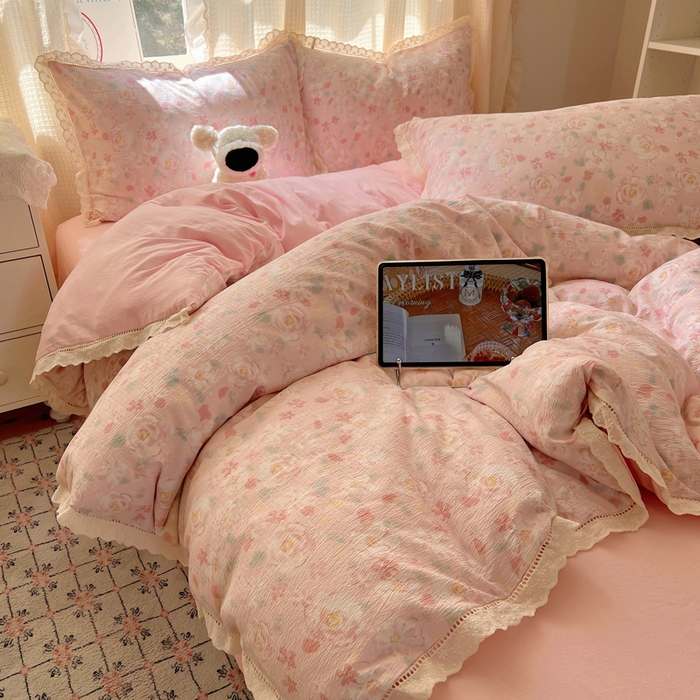 91家纺网 家纺一手货源 找家纺 顾里家纺 2025新款蕾丝花边云感皱皱纱四件套 花岛