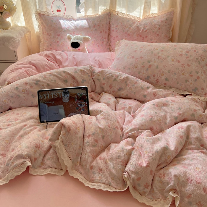 91家纺网 家纺一手货源 找家纺 顾里家纺 2025新款蕾丝花边云感皱皱纱四件套 花岛