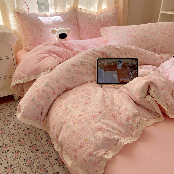 91家纺网 家纺一手货源 找家纺 顾里家纺 2025新款蕾丝花边云感皱皱纱四件套 花岛