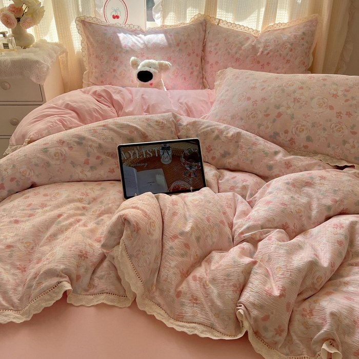 91家纺网 家纺一手货源 找家纺 顾里家纺 2025新款蕾丝花边云感皱皱纱四件套 花岛