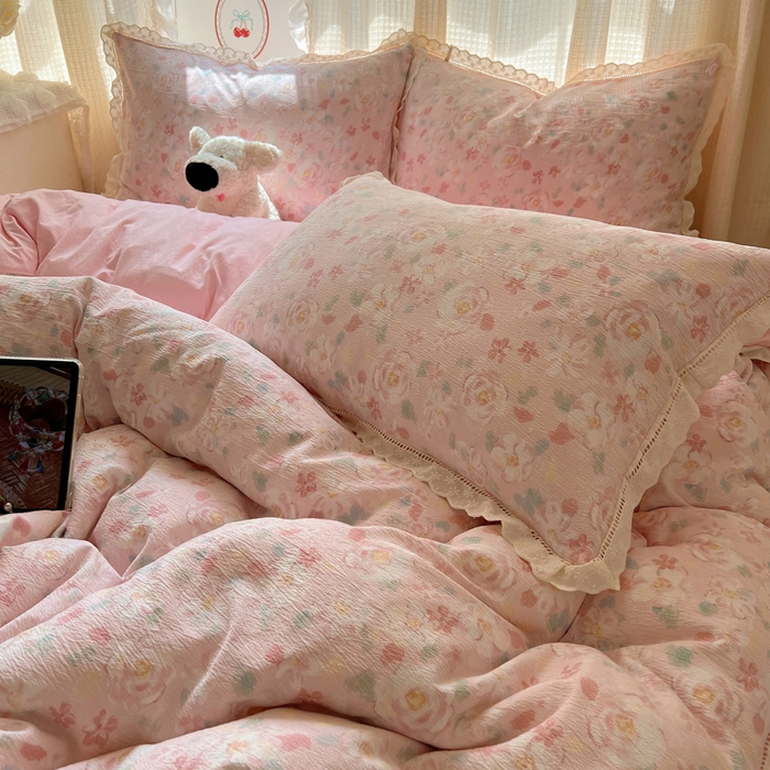 91家纺网 家纺一手货源 找家纺 顾里家纺 2025新款蕾丝花边云感皱皱纱四件套 花岛