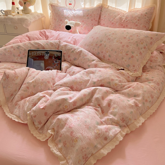 91家纺网 家纺一手货源 找家纺 顾里家纺 2025新款蕾丝花边云感皱皱纱四件套 花岛