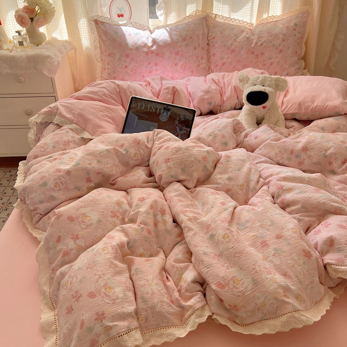 91家纺网 家纺一手货源 找家纺 顾里家纺 2025新款蕾丝花边云感皱皱纱四件套 花岛