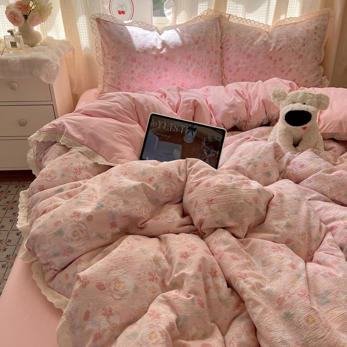 91家纺网 家纺一手货源 找家纺 顾里家纺 2025新款蕾丝花边云感皱皱纱四件套 花岛