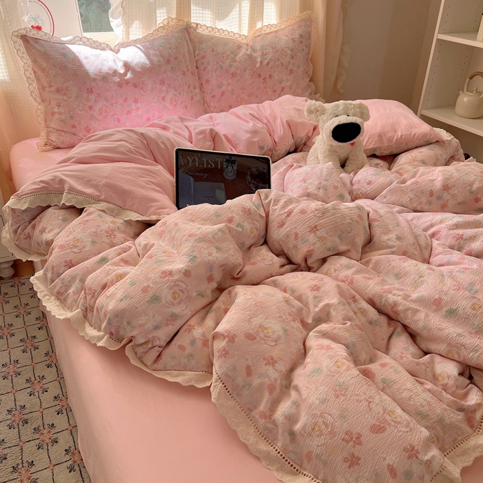 91家纺网 家纺一手货源 找家纺 顾里家纺 2025新款蕾丝花边云感皱皱纱四件套 花岛