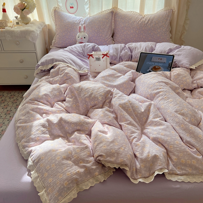 91家纺网 家纺一手货源 找家纺 顾里家纺 2025新款蕾丝花边云感皱皱纱四件套 花漾