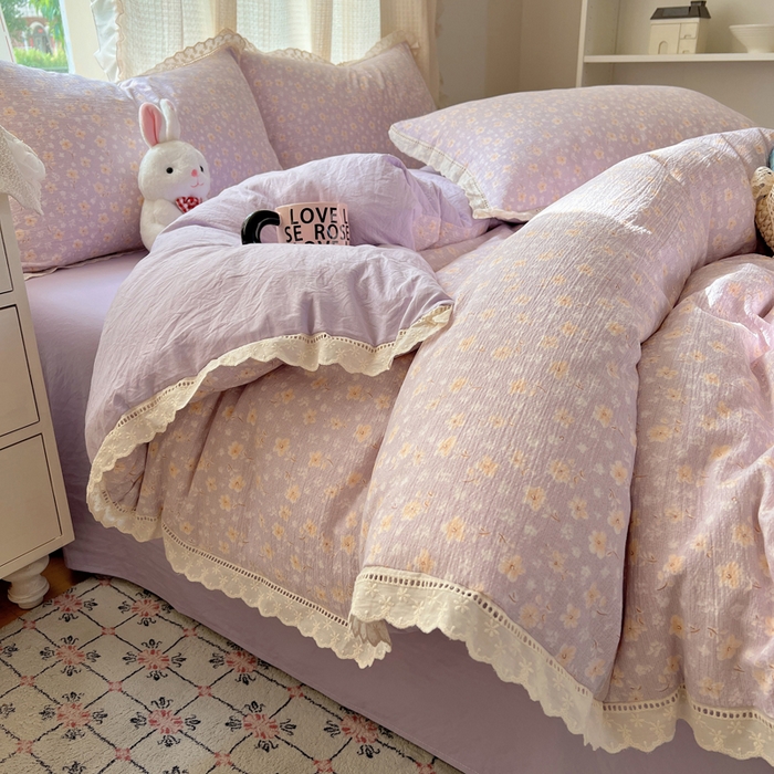 91家纺网 家纺一手货源 找家纺 顾里家纺 2025新款蕾丝花边云感皱皱纱四件套 花漾