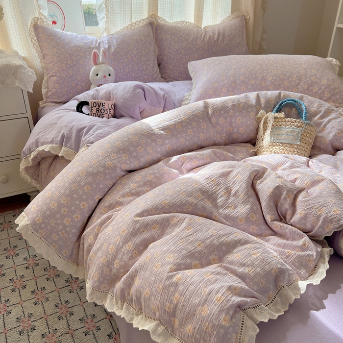 91家纺网 家纺一手货源 找家纺 顾里家纺 2025新款蕾丝花边云感皱皱纱四件套 花漾