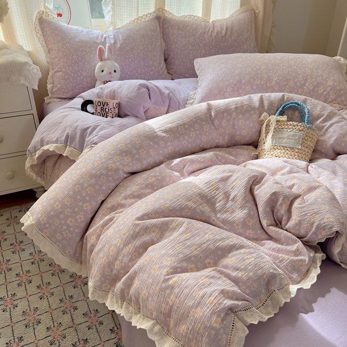 91家纺网 家纺一手货源 找家纺 顾里家纺 2025新款蕾丝花边云感皱皱纱四件套 花漾