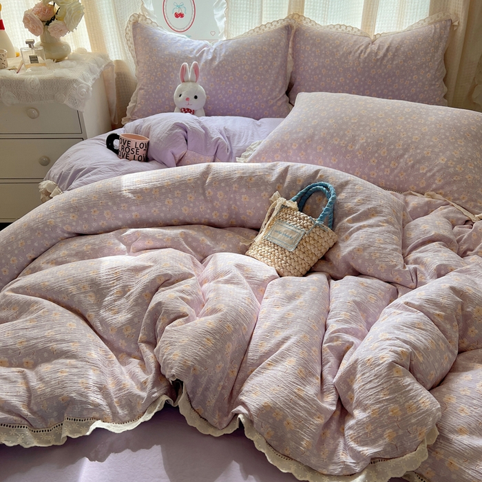 91家纺网 家纺一手货源 找家纺 顾里家纺 2025新款蕾丝花边云感皱皱纱四件套 花漾