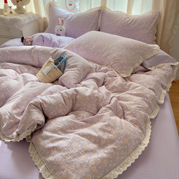 91家纺网 家纺一手货源 找家纺 顾里家纺 2025新款蕾丝花边云感皱皱纱四件套 花漾