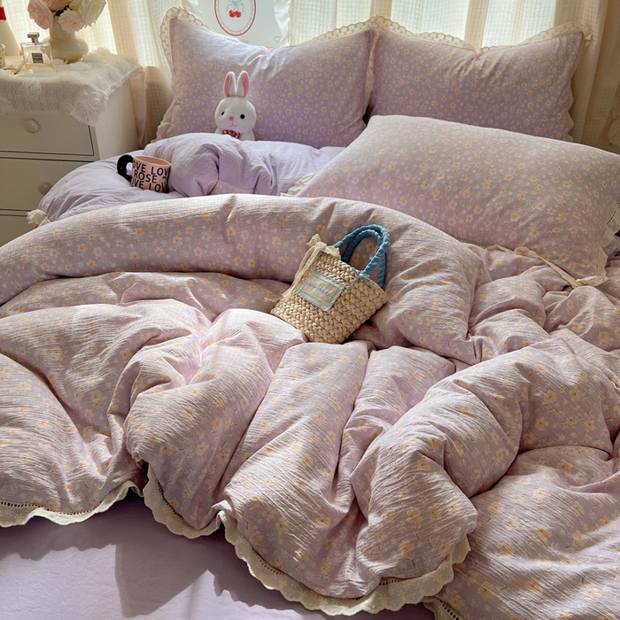 91家纺网 家纺一手货源 找家纺 顾里家纺 2025新款蕾丝花边云感皱皱纱四件套 花漾