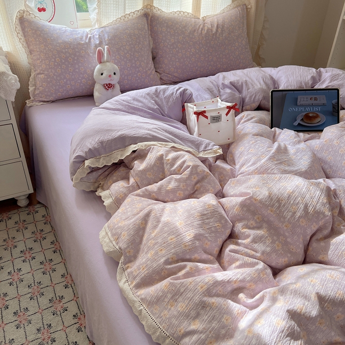 91家纺网 家纺一手货源 找家纺 顾里家纺 2025新款蕾丝花边云感皱皱纱四件套 花漾