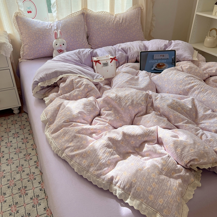 91家纺网 家纺一手货源 找家纺 顾里家纺 2025新款蕾丝花边云感皱皱纱四件套 花漾