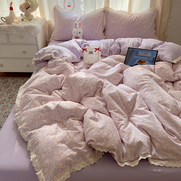 91家纺网 家纺一手货源 找家纺 顾里家纺 2025新款蕾丝花边云感皱皱纱四件套 花漾