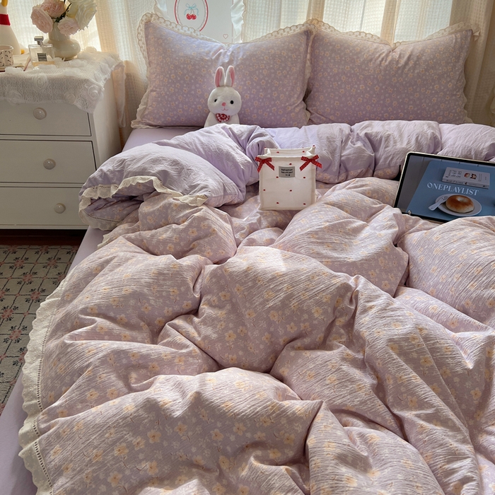 91家纺网 家纺一手货源 找家纺 顾里家纺 2025新款蕾丝花边云感皱皱纱四件套 花漾