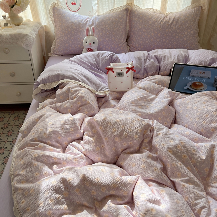 91家纺网 家纺一手货源 找家纺 顾里家纺 2025新款蕾丝花边云感皱皱纱四件套 花漾