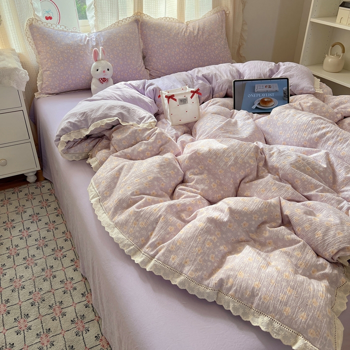 91家纺网 家纺一手货源 找家纺 顾里家纺 2025新款蕾丝花边云感皱皱纱四件套 花漾