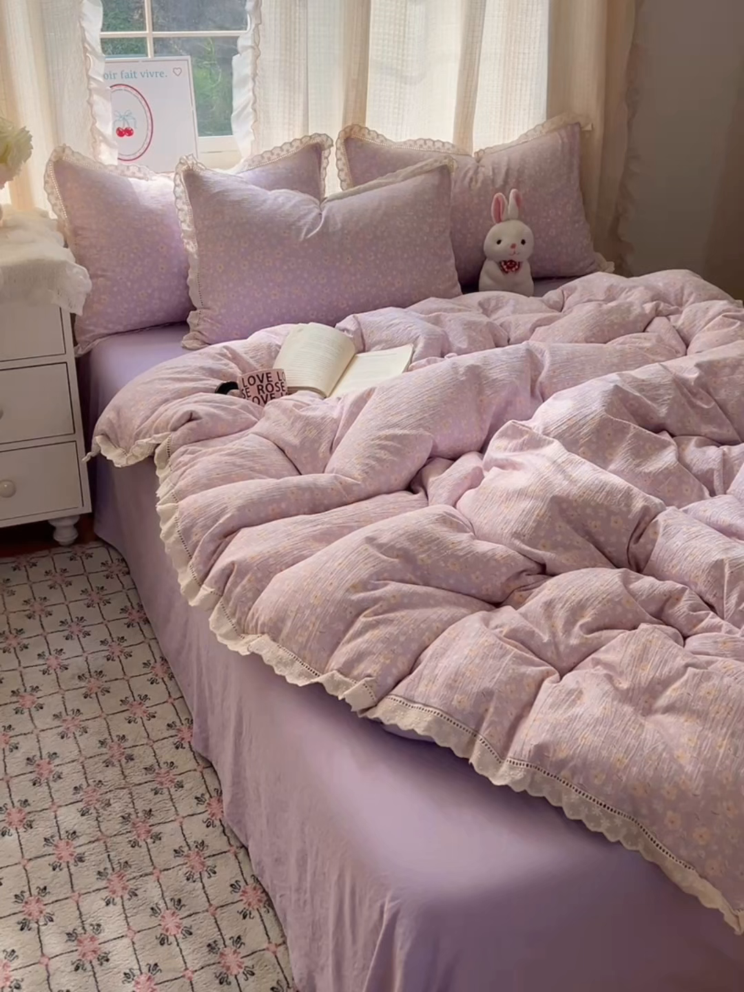 91家纺网 家纺一手货源 找家纺 顾里家纺 2025新款蕾丝花边云感皱皱纱四件套 花漾