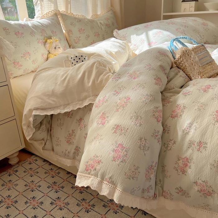 91家纺网 家纺一手货源 找家纺 顾里家纺 2025新款蕾丝花边云感皱皱纱四件套 琉璃花