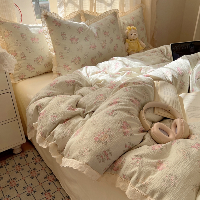 91家纺网 家纺一手货源 找家纺 顾里家纺 2025新款蕾丝花边云感皱皱纱四件套 琉璃花