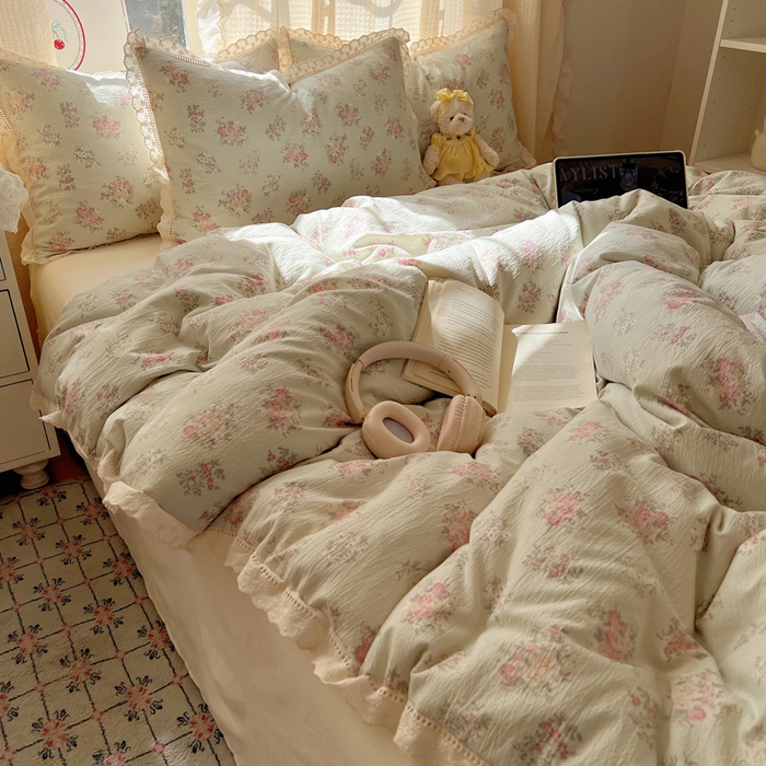 91家纺网 家纺一手货源 找家纺 顾里家纺 2025新款蕾丝花边云感皱皱纱四件套 琉璃花